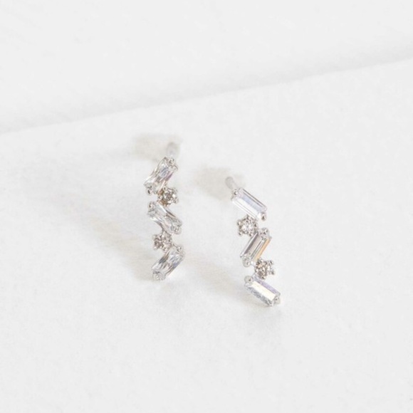 Silver Rhinestone Stone Staggered Mini Crawler Earrings - Picture 1 of 2